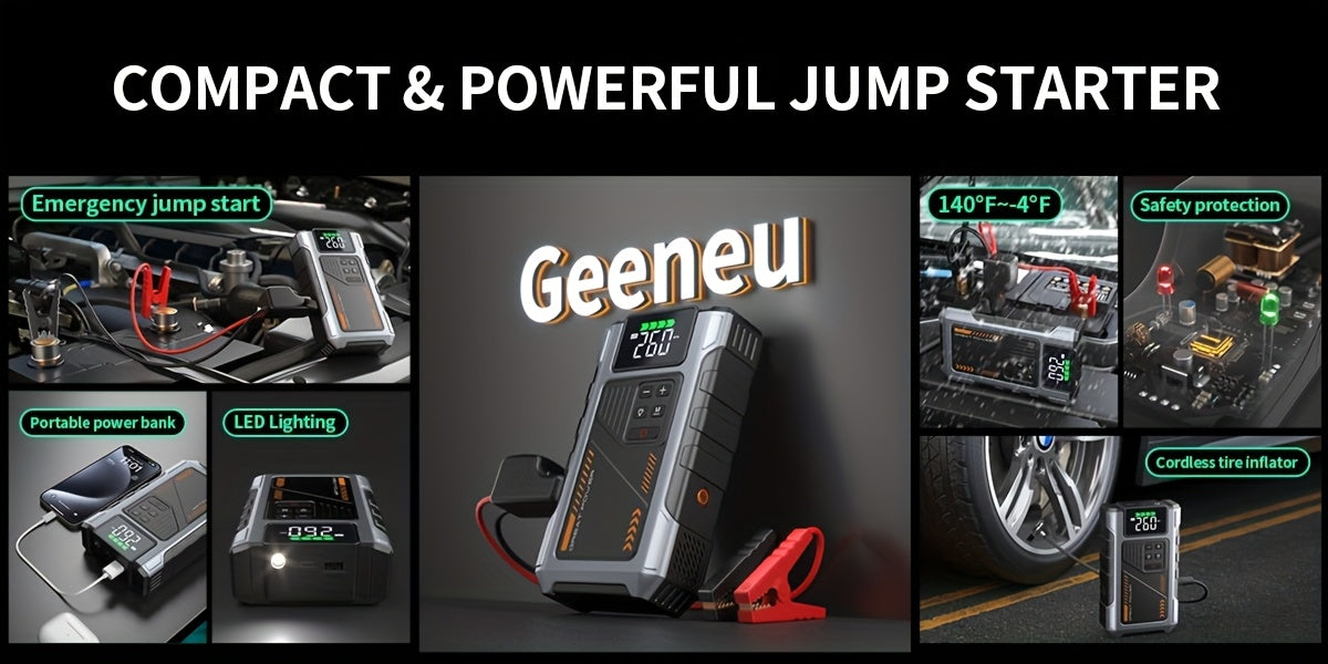 Portable Car Air Compressor & Jump Starter with LED Emergency Light, 3000A Peak Power, 12V for Gas/Diesel Engines, USB Input/Output, Digital Tire Inflator, Red, Insulated Material, Fast Charging, Car Accessories Tools, Vehicl