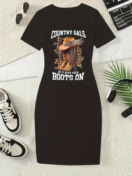 [Western Summer Dress] Women's Summer Casual Short Sleeve Dress | Black Country Western Pattern Print, Cowboy Boots and Hat Design, Waist-Cinching Fit, Round Neck, Breathable Fabric for Outdoor and Daily Wear, Denim Accessori