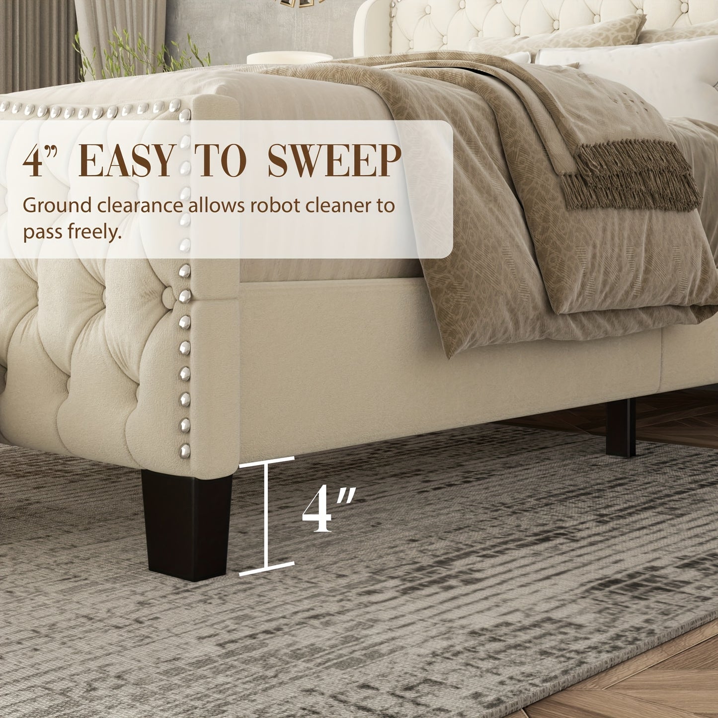 Queen Size Platform Bed Frame with 51-inch Tall Camelback Headboard & Wingback, Gorgeous Studded Trim, Mattress Foundation, No Box Spring Needed, Cream