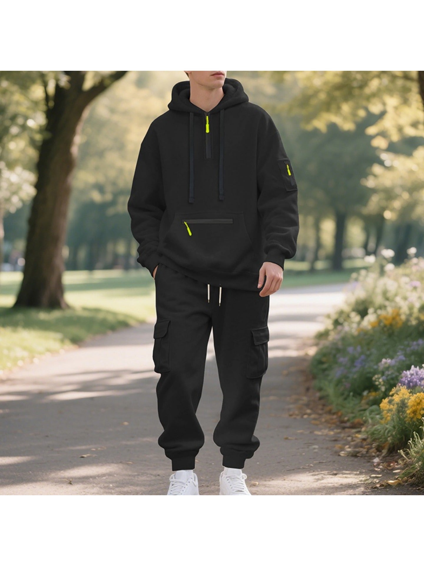 1 Set 2pcs Men's Athletic Casual Tracksuit - Fleece Lined Hooded Long Sleeve Pullover Sweatshirt & Pocketed Sports Pants, Warm Fleece Lining with Breathable Fabric, Perfect for Daily Wear, Outdoor Activities, Home Leisure - M