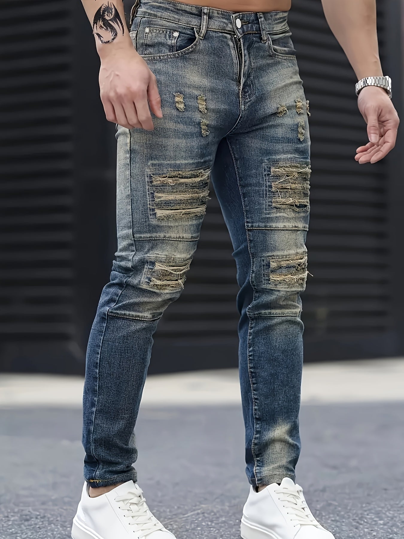 Men's Jeans, Stretch Denim Feet, Ripped, Craftsmanship, Slim, Dark Blue, Worn Men's Pants, Suitable for All Seasons