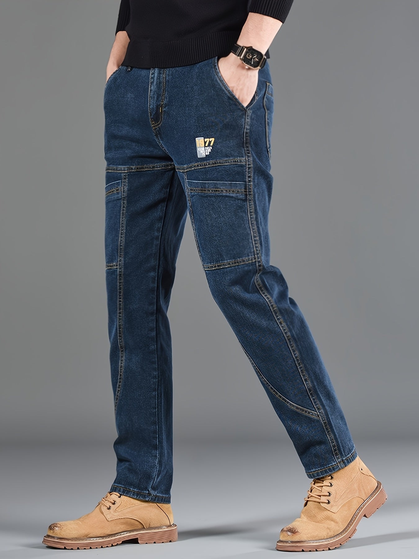 Men'S Small Straight Tube Style Fashionable Printed Six Pocket Design Micro Elastic Denim Pants