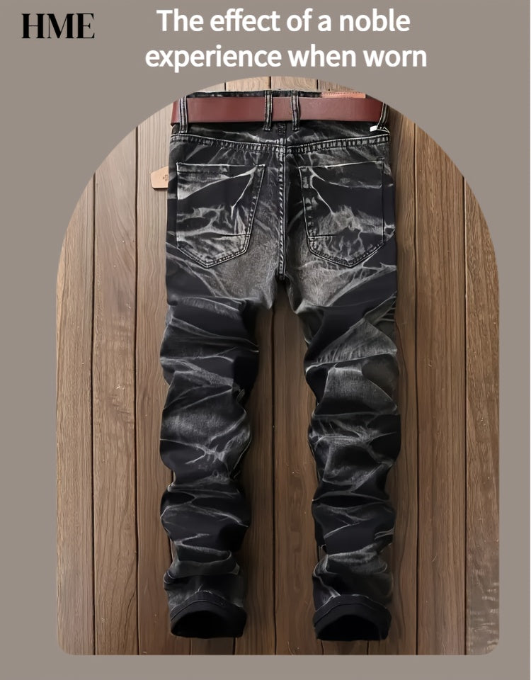 HME Men's Stretch Jeans - Mid-Rise Slim Straight Leg with Tie-Dye Black/White Pattern, Built-in YKK Zipper Closure, Machine Washable Denim Pants for Everyday & Formal Wear - Streetwear Essentials, Versatile Clothing, Vintage
