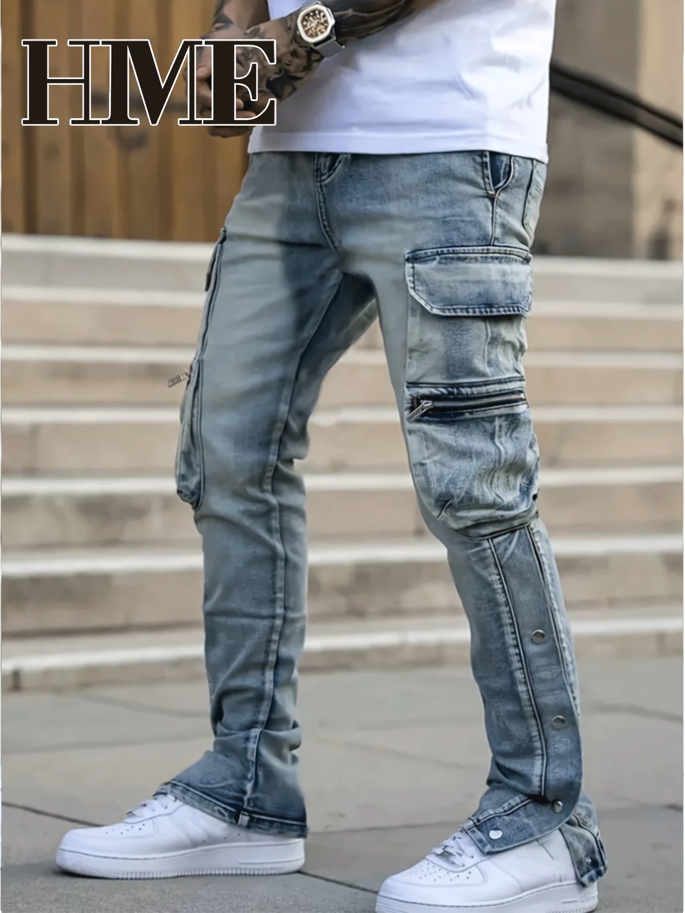 HME Men'S Skinny Faux Denim - Stretch Skinny Fit Mid-Rise Pants with Zipper Closure, Multi-Pocket Design (Including Slit Buttons), Light Washed Look for Everyday & Formal Outfits - Urban Streetwear Faux Denim for Teens & Adul