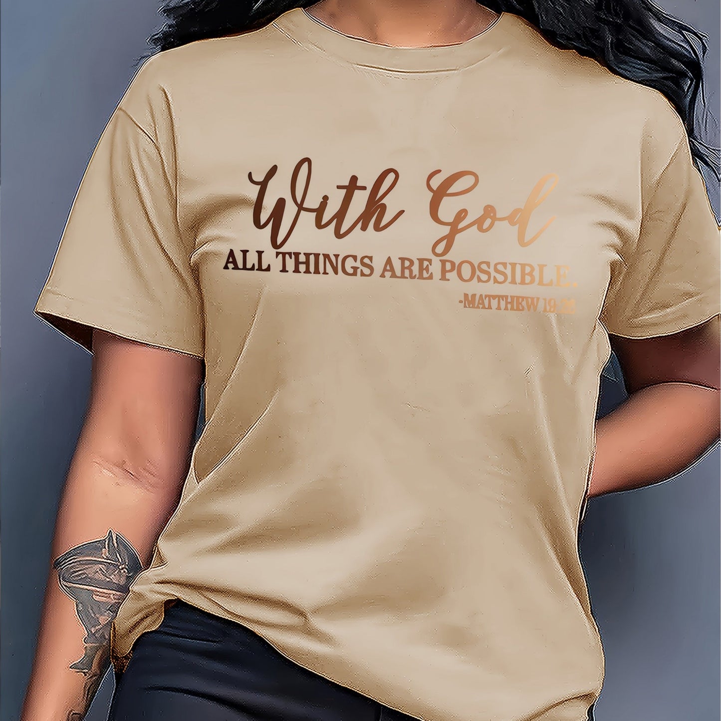 [Soft Christian Faith T-Shirt] Women's Soft Everyday Christian Faith T-Shirt | 'With God Everything is Possible' Bible Verse (Matthew 26:4) | Light Blue Casual Top for Church, Everyday Outfits | Machine Washable, Durable, Com