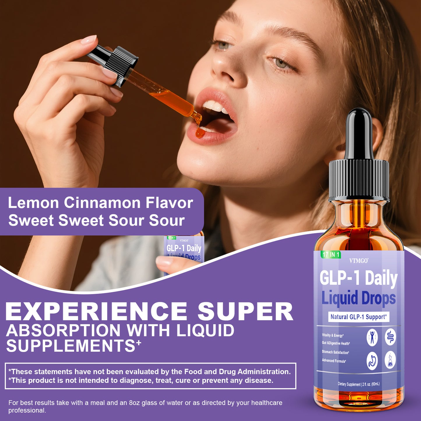 GLP-1 Daily Liquid Drops, GUT Health. Helps Appetite.B Vitamins, Ceylon Cinnamon, Probiotics, Ginger Root, Hops Flower, Green Tea, L-Methylfolate, Magnesium.Antioxidant, Balanced Diet, Suitable for Both Men and Women. Each Bo
