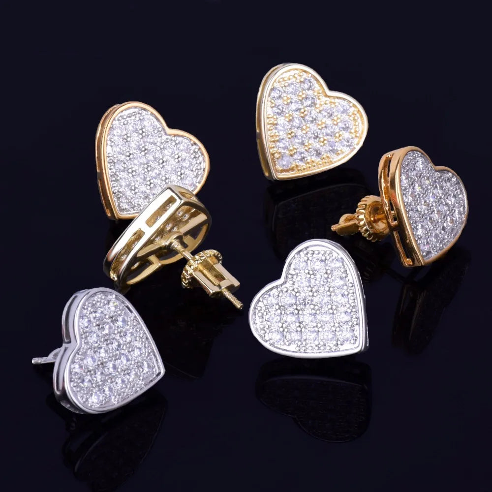 14MM Width Heart-shaped Gold Color Stud Earring For Men Women Full Cubic Zircon Screw Back Earrings Fashion Hip Hop Jewelry Gift