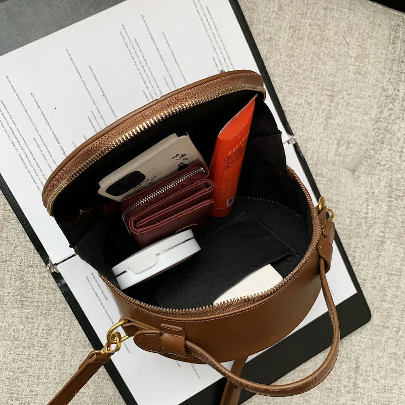 Solid color Crossbody Bag For Women Round Small Handbag Women Fashion Designer Bags Leather Shoulder Bag Female Zipper Purses