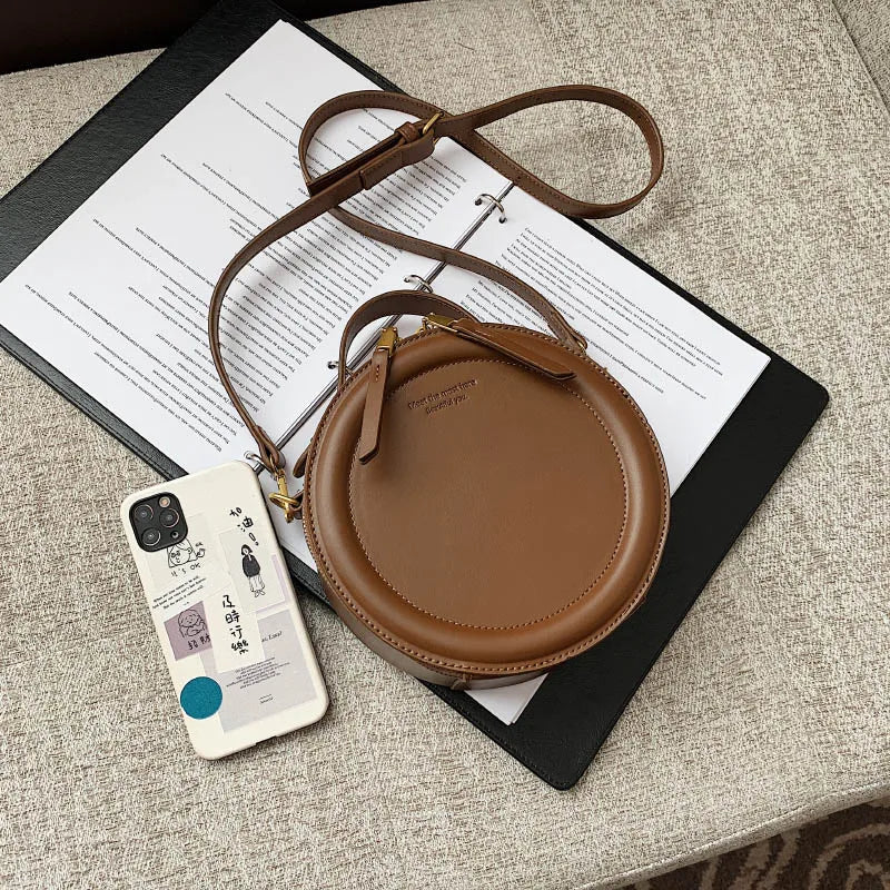 Solid color Crossbody Bag For Women Round Small Handbag Women Fashion Designer Bags Leather Shoulder Bag Female Zipper Purses