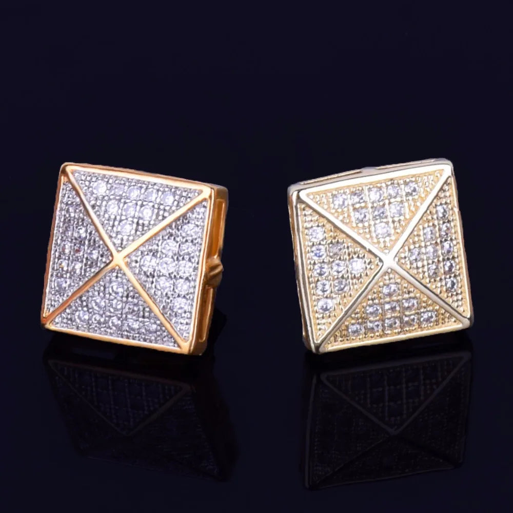 Men's Stud Earring Square Charm Screw Back Full Zircon Women Silver Color  Fashion Hip Hop Jewelry