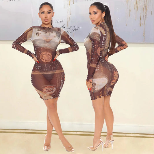 Roupas Feminina Moda 2022 Long Sleeve Mesh See-through Printed Dress Women  Africa Clothing