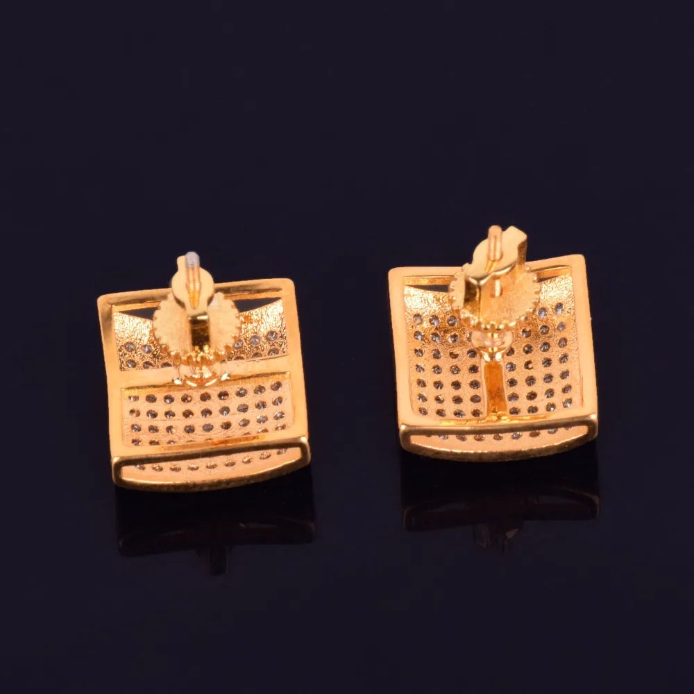 12MM Square Men Women Stud Earring Gold Color Iced Cubic Zircon Screw Back Earrings Hip Hop Jewelry