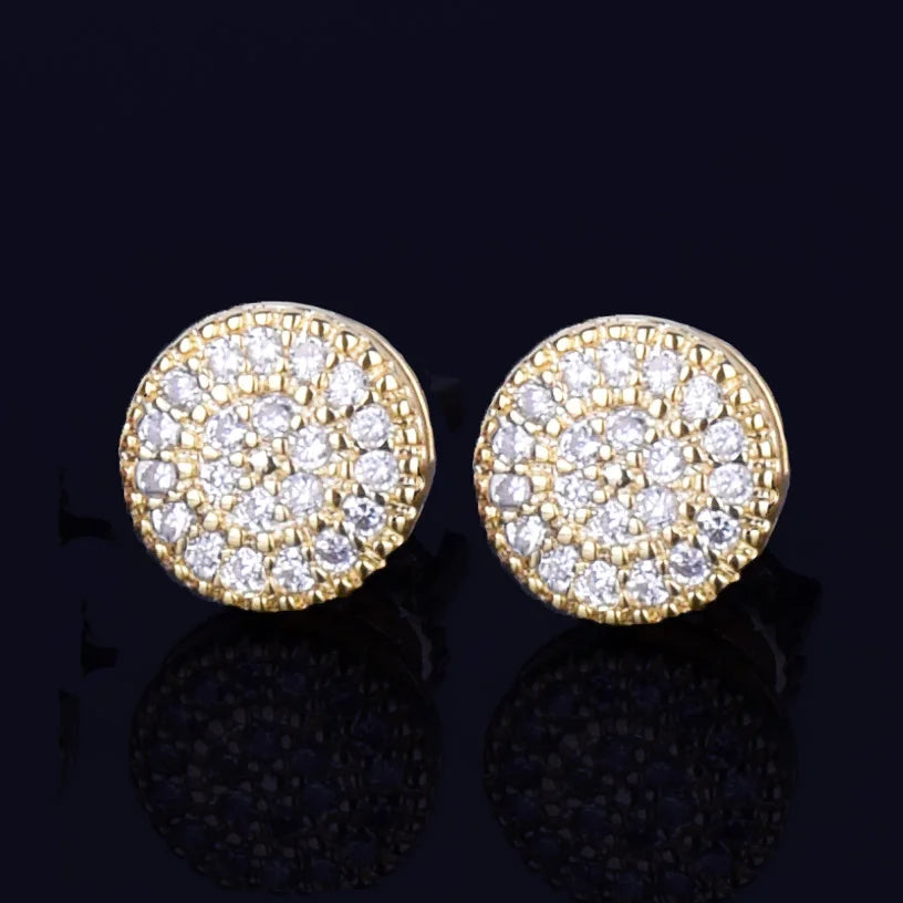 8MM Gold Color Small Round Stud Earring  AAAA Cubic Zircon Screw Back Men Fashion Hip Hop Jewelry