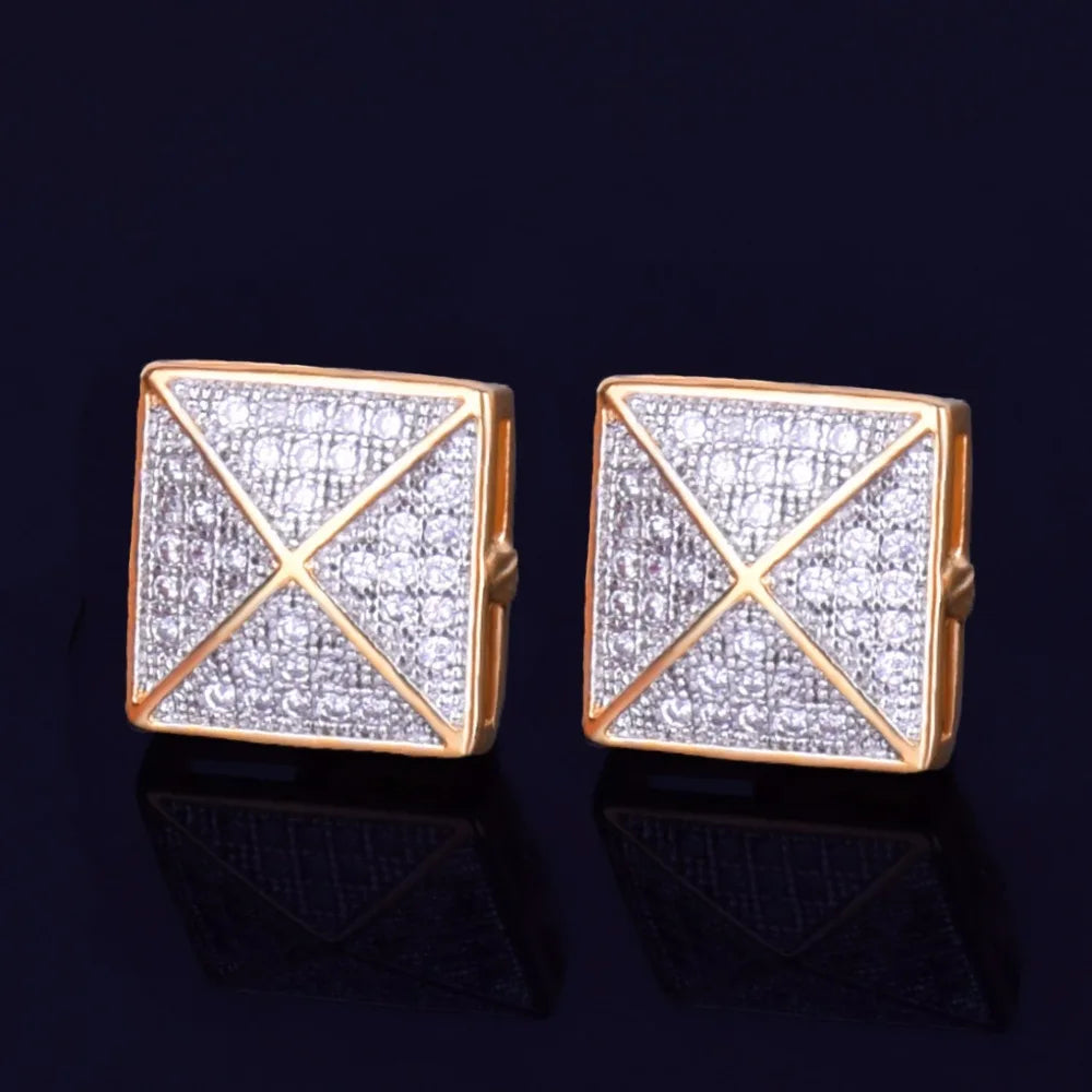 Men's Stud Earring Square Charm Screw Back Full Zircon Women Silver Color  Fashion Hip Hop Jewelry