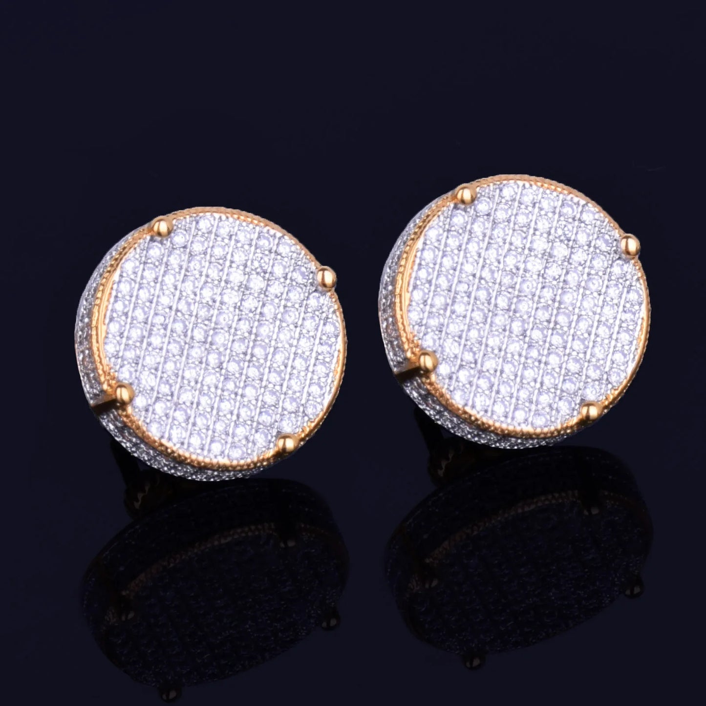 14MM Gold Color Big Round Stud Earring AAAA Cubic Zircon Screw Back Men's Earrings Fashion Hip Hop Jewelry