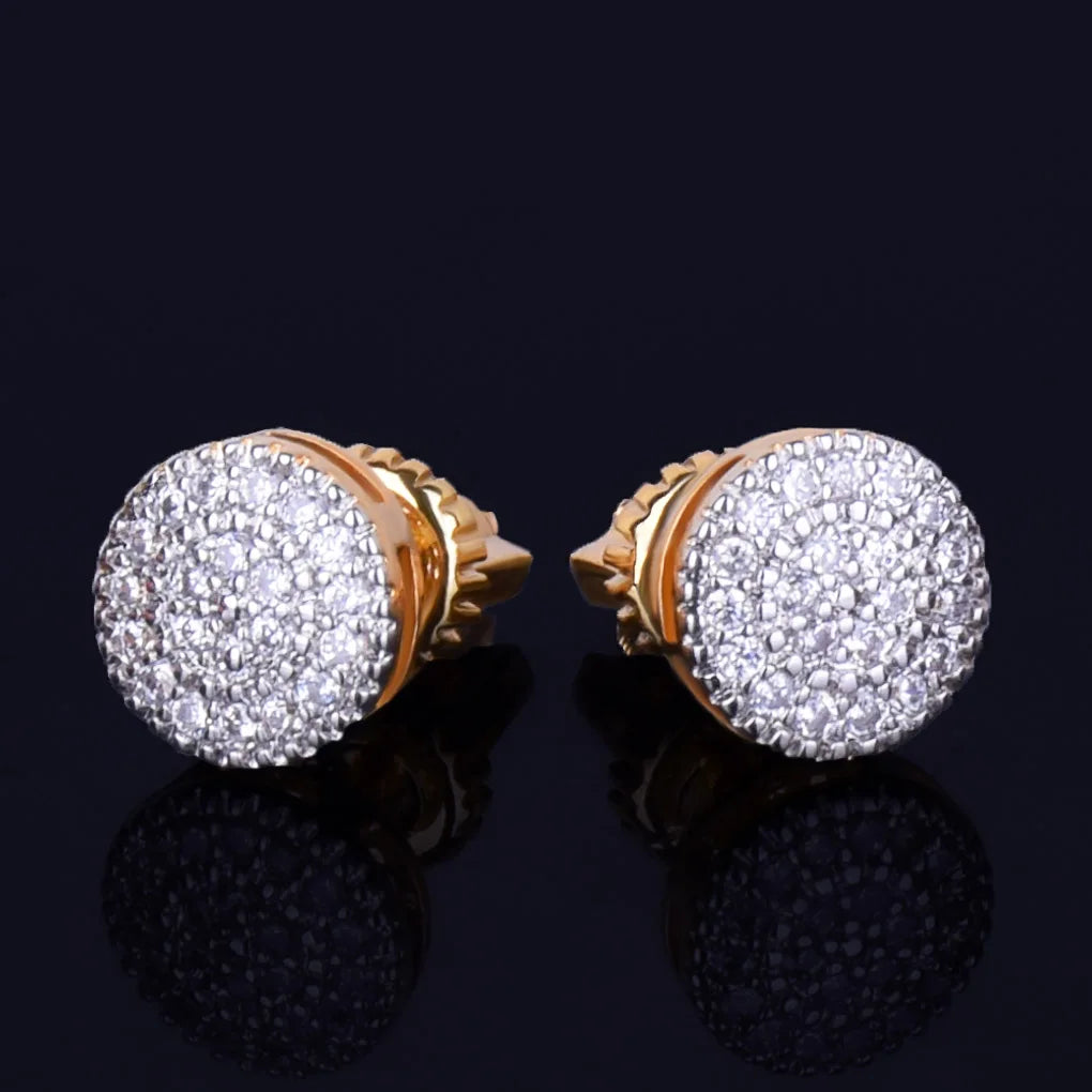 8MM Gold Color Small Round Stud Earring  AAAA Cubic Zircon Screw Back Men Fashion Hip Hop Jewelry