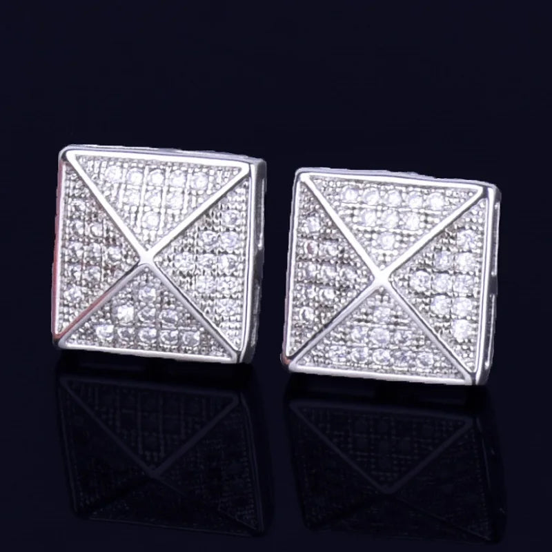 Men's Stud Earring Square Charm Screw Back Full Zircon Women Silver Color  Fashion Hip Hop Jewelry