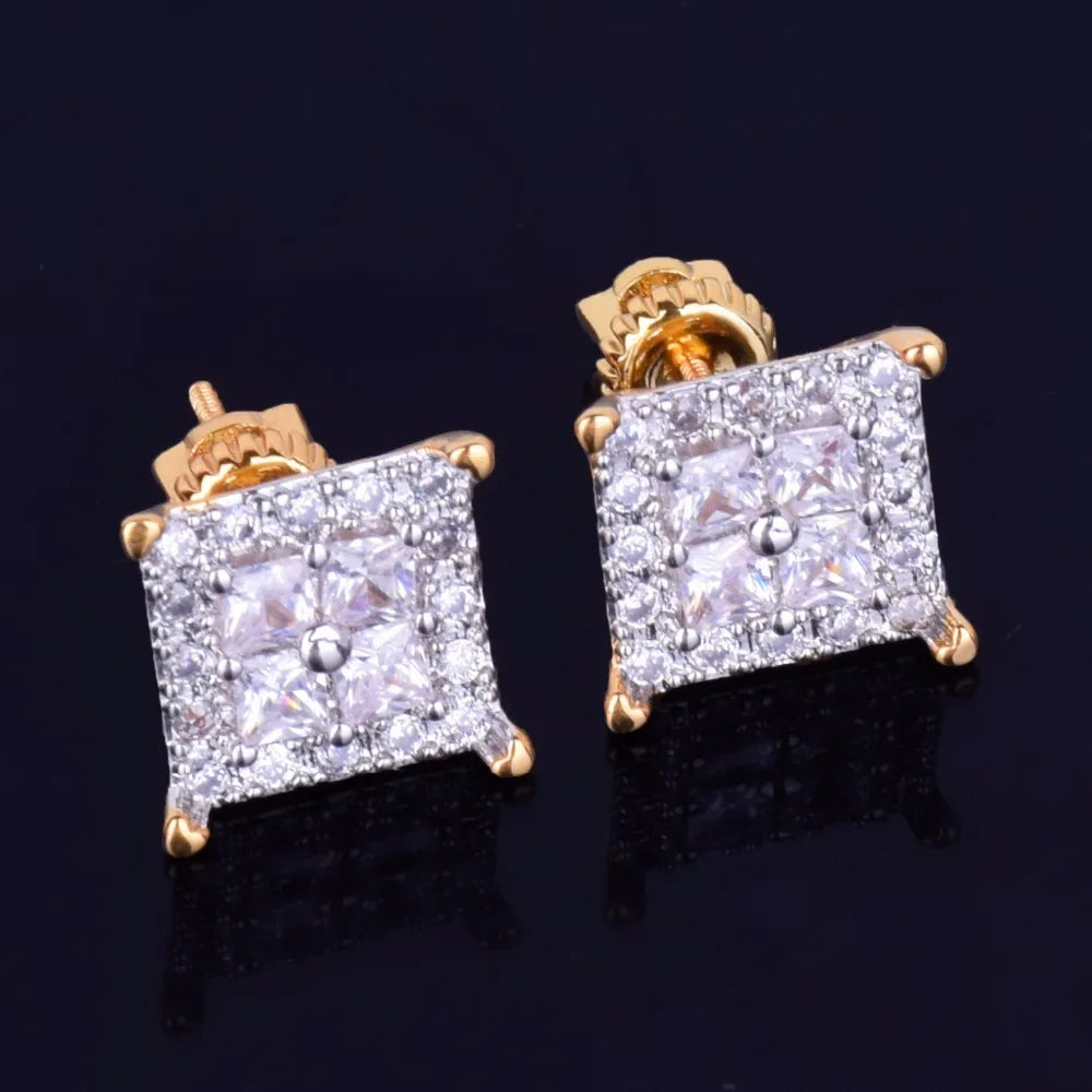 12MM Square Baguette Zircon Stud Earring Silver Color Charm Screw Back Women Men's Earrings Fashion Hip Hop Jewelry