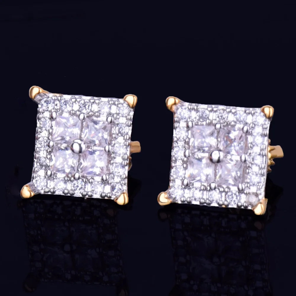 12MM Square Baguette Zircon Stud Earring Silver Color Charm Screw Back Women Men's Earrings Fashion Hip Hop Jewelry