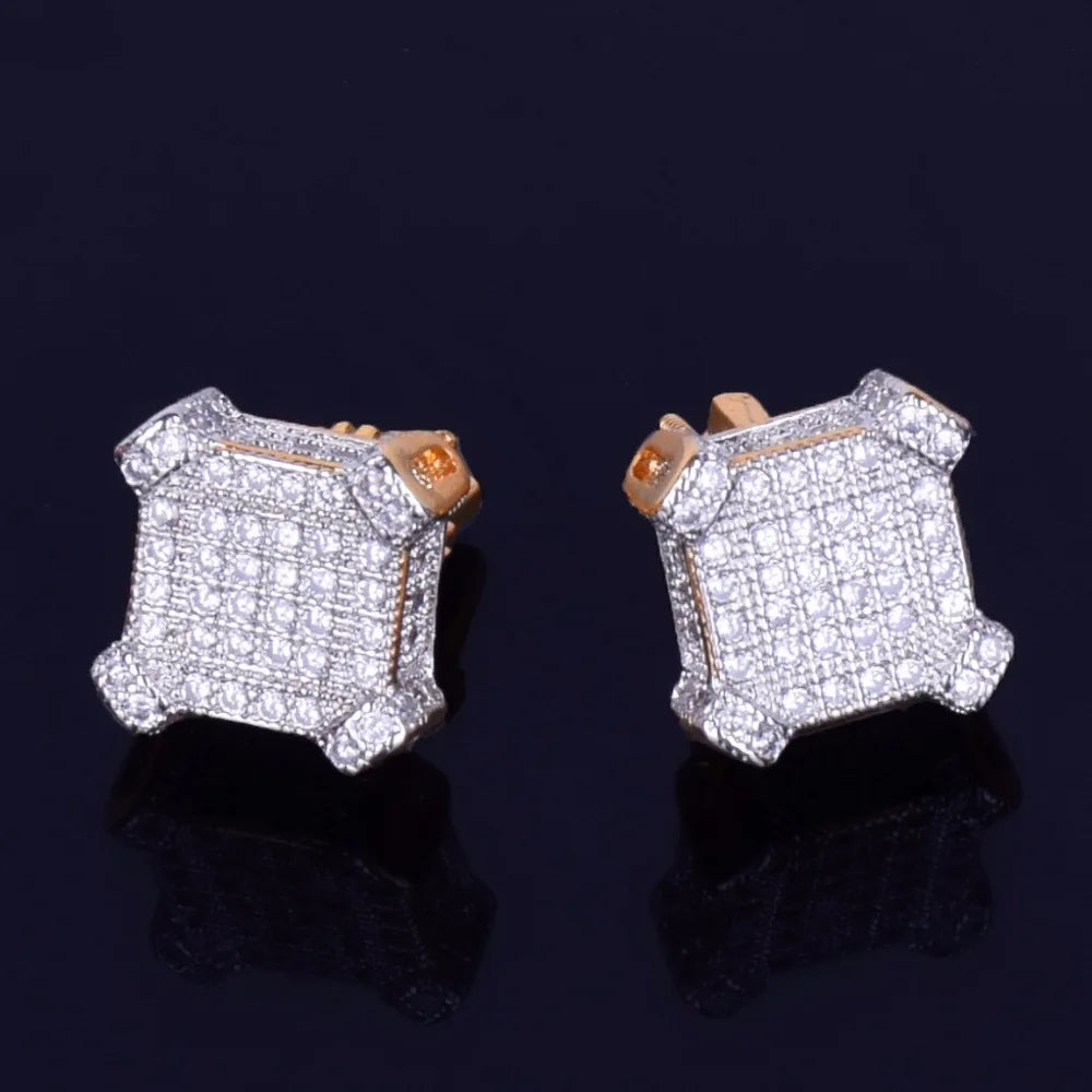 10MM Square Stud Earring Gold Color Charm Screw Back Full AAAA Zircon Women Men's Fashion Earrings Hip Hop Jewelry