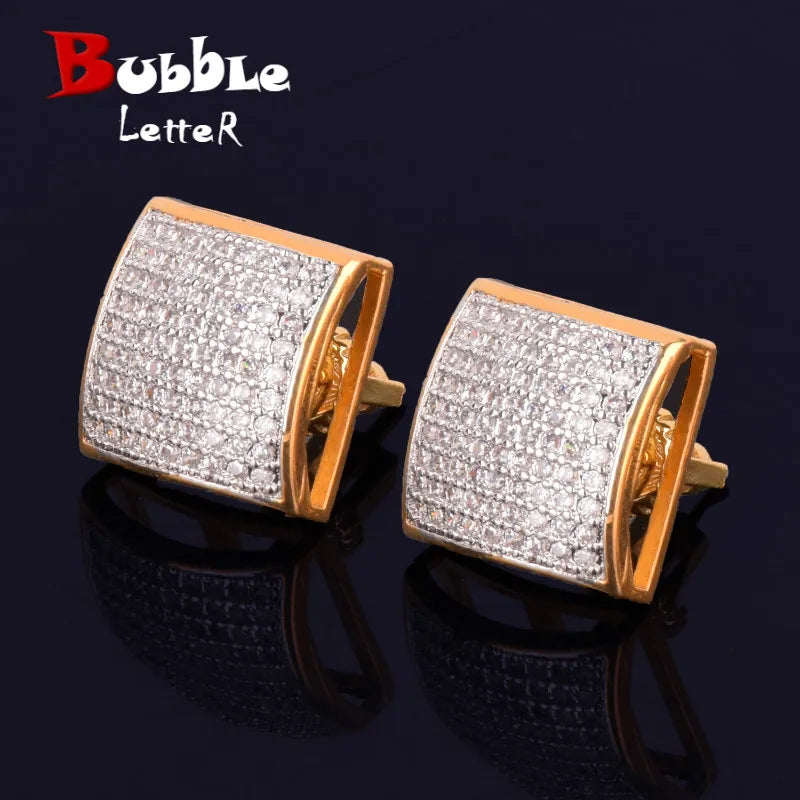 12MM Square Men Women Stud Earring Gold Color Iced Cubic Zircon Screw Back Earrings Hip Hop Jewelry