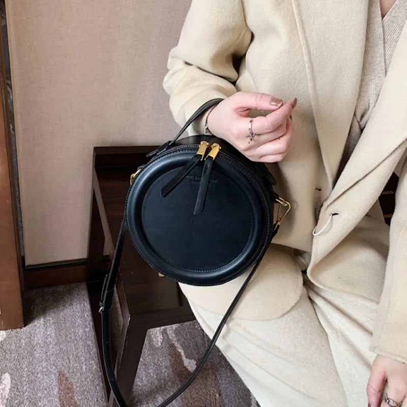 Solid color Crossbody Bag For Women Round Small Handbag Women Fashion Designer Bags Leather Shoulder Bag Female Zipper Purses