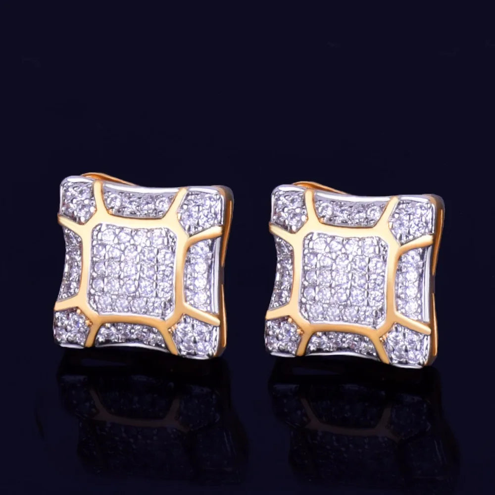 11MM Width Gold Color Square Men's Stud Earring Charm Full Cubic Zircon Screw Back Women Earrings Fashion Hip Hop Jewelry