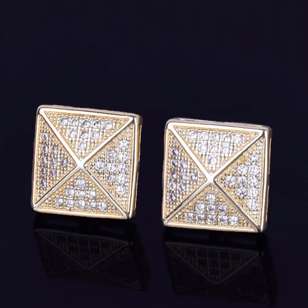 Men's Stud Earring Square Charm Screw Back Full Zircon Women Silver Color  Fashion Hip Hop Jewelry