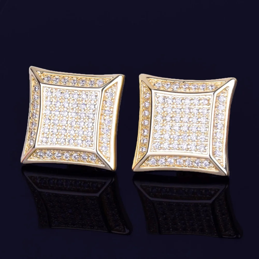 15MM Big Square Men Stud Earring Gold Color Full Cubic Zircon Screw Back Earrings Hip Hop Jewelry for Women