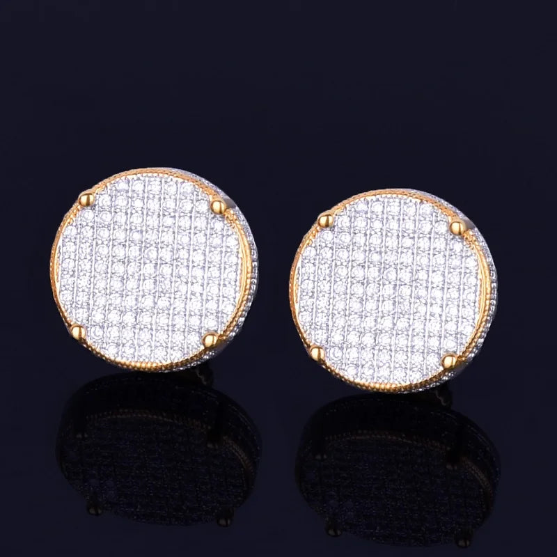 14MM Gold Color Big Round Stud Earring AAAA Cubic Zircon Screw Back Men's Earrings Fashion Hip Hop Jewelry