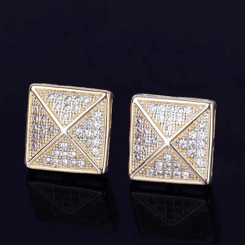 Men's Stud Earring Square Charm Screw Back Full Zircon Women Silver Color  Fashion Hip Hop Jewelry