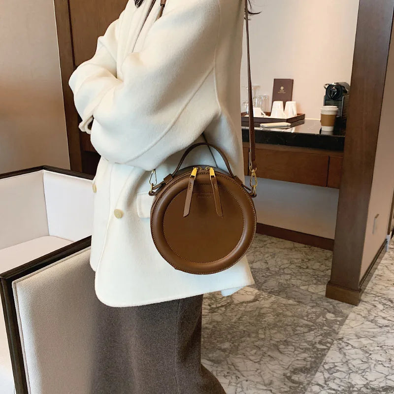 Solid color Crossbody Bag For Women Round Small Handbag Women Fashion Designer Bags Leather Shoulder Bag Female Zipper Purses