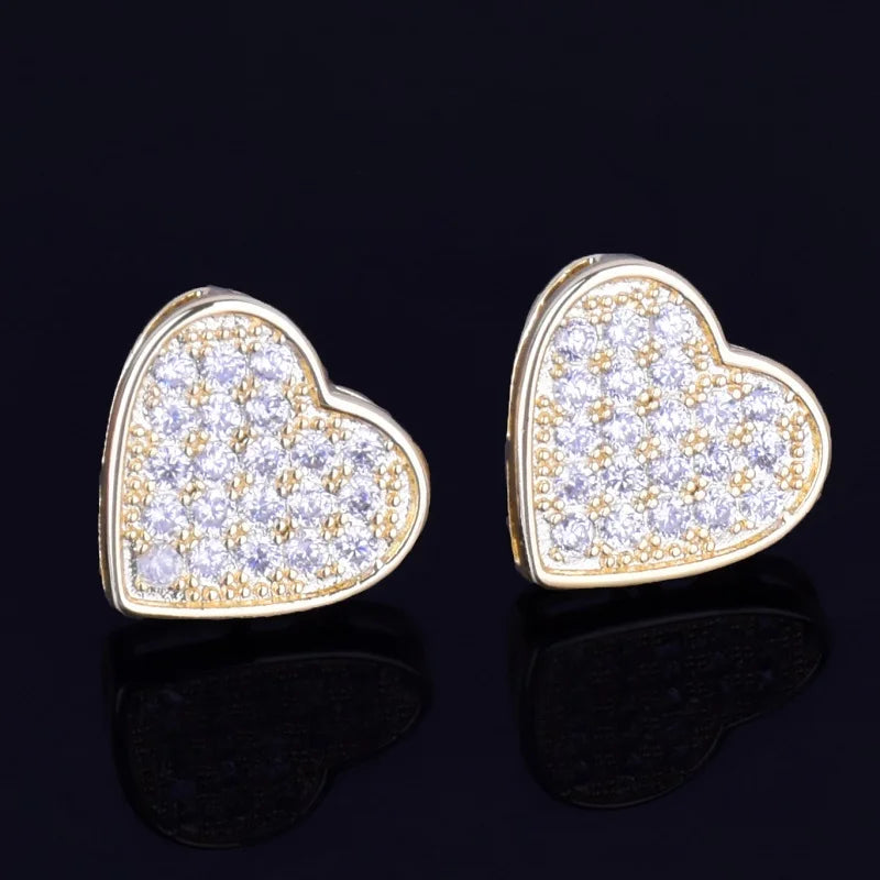 14MM Width Heart-shaped Gold Color Stud Earring For Men Women Full Cubic Zircon Screw Back Earrings Fashion Hip Hop Jewelry Gift