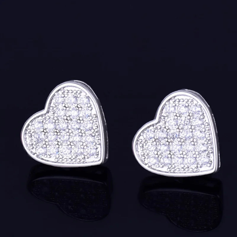14MM Width Heart-shaped Gold Color Stud Earring For Men Women Full Cubic Zircon Screw Back Earrings Fashion Hip Hop Jewelry Gift