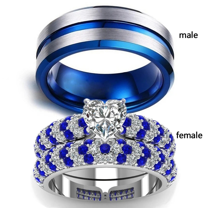 Fashion Couple Rings Stainless Steel Blue Men Ring Women's Zircon Rhinestones Rings Set Bridal Engagement Wedding Band Gift