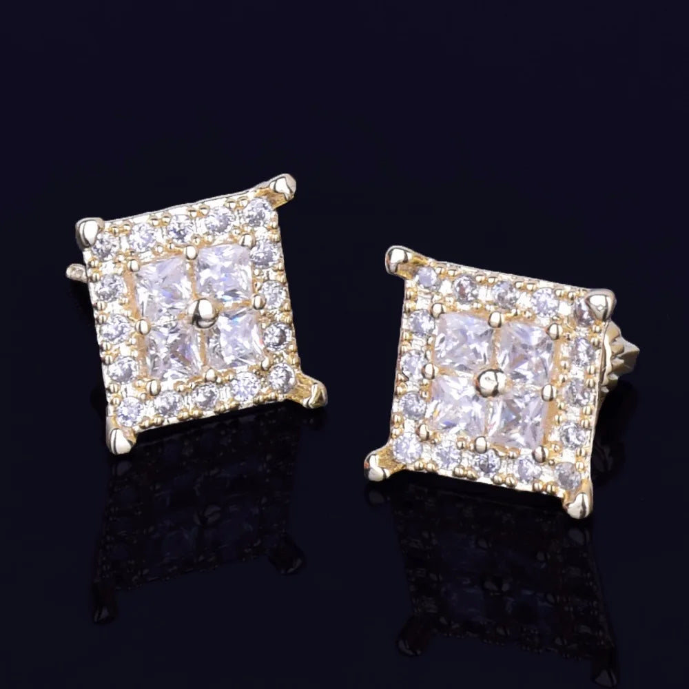 12MM Square Baguette Zircon Stud Earring Silver Color Charm Screw Back Women Men's Earrings Fashion Hip Hop Jewelry