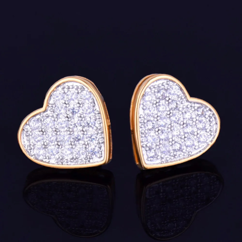 14MM Width Heart-shaped Gold Color Stud Earring For Men Women Full Cubic Zircon Screw Back Earrings Fashion Hip Hop Jewelry Gift