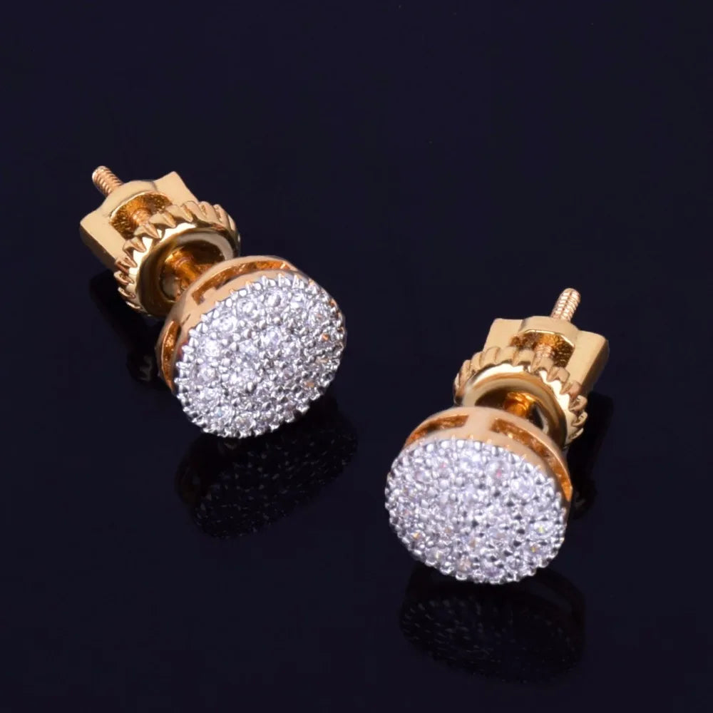 8MM Gold Color Small Round Stud Earring  AAAA Cubic Zircon Screw Back Men Fashion Hip Hop Jewelry