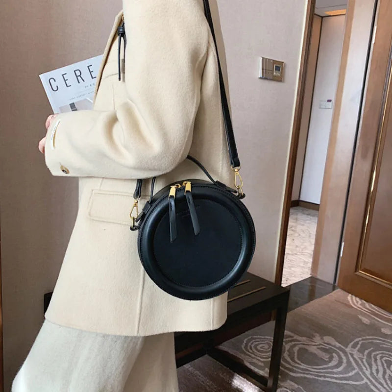 Solid color Crossbody Bag For Women Round Small Handbag Women Fashion Designer Bags Leather Shoulder Bag Female Zipper Purses