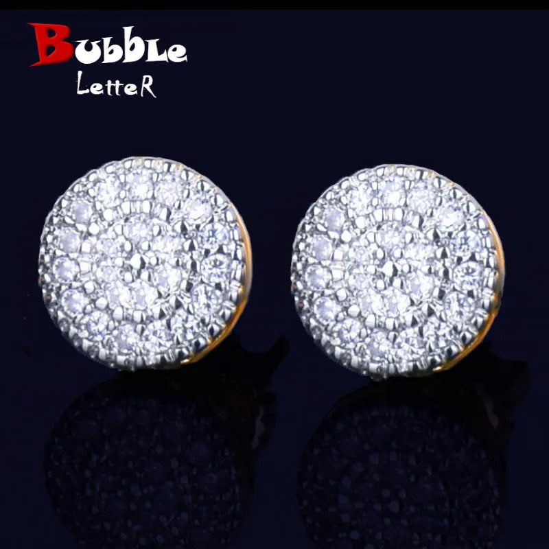 8MM Gold Color Small Round Stud Earring  AAAA Cubic Zircon Screw Back Men Fashion Hip Hop Jewelry