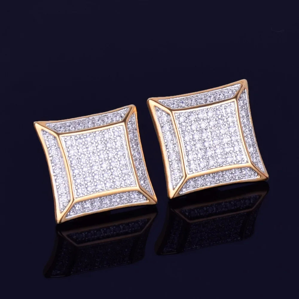 15MM Big Square Men Stud Earring Gold Color Full Cubic Zircon Screw Back Earrings Hip Hop Jewelry for Women