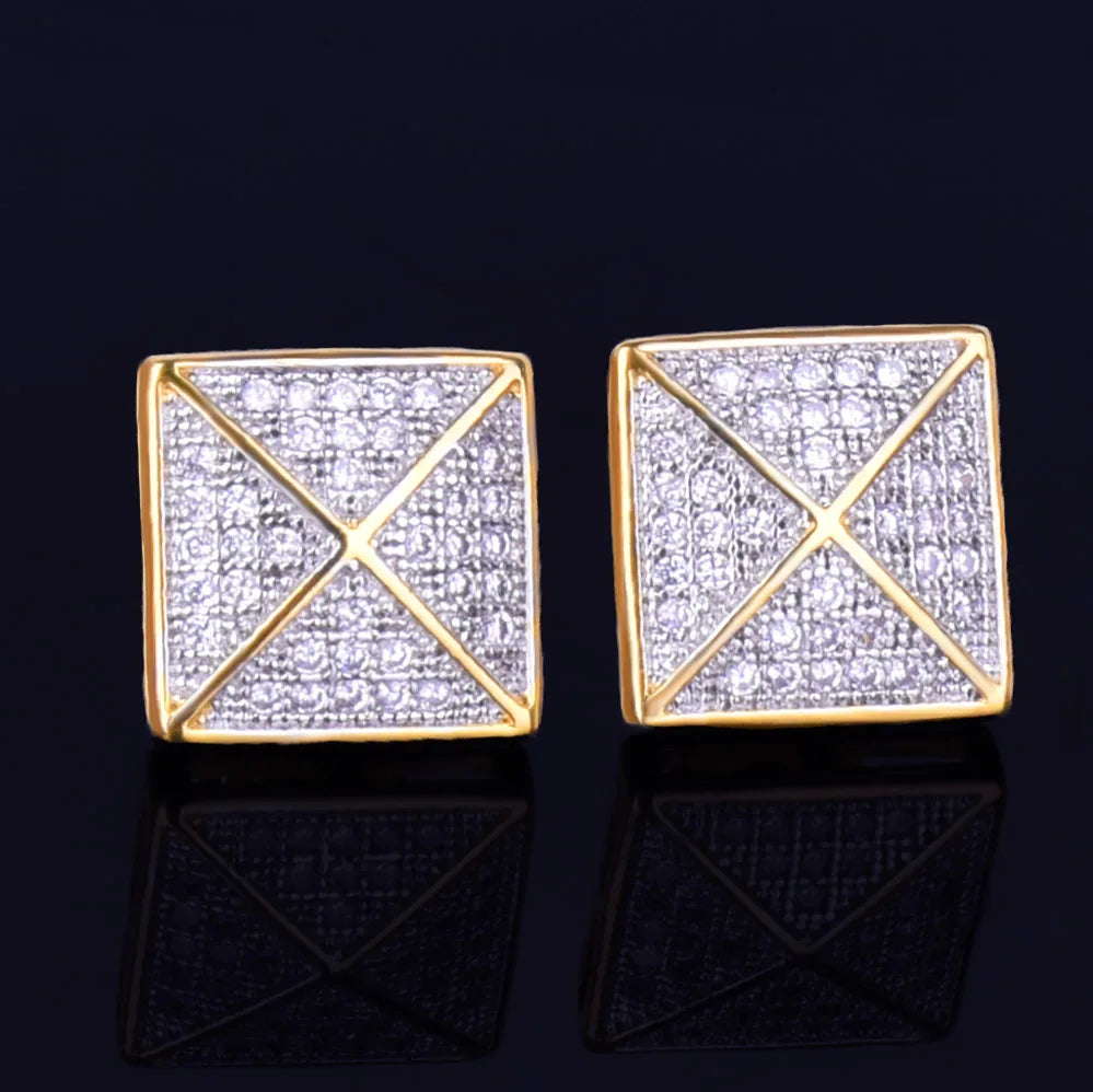 Men's Stud Earring Square Charm Screw Back Full Zircon Women Silver Color  Fashion Hip Hop Jewelry