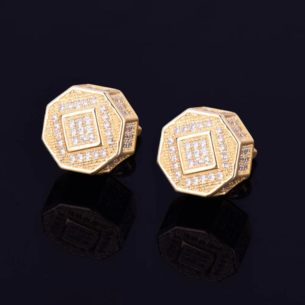 11MM Round Men Women Stud Earring Gold Color Iced Cubic Zircon Screw Back Earrings Hip Hop Jewelry