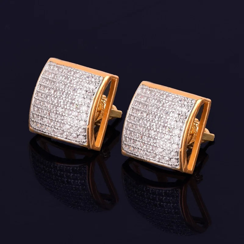 12MM Square Men Women Stud Earring Gold Color Iced Cubic Zircon Screw Back Earrings Hip Hop Jewelry