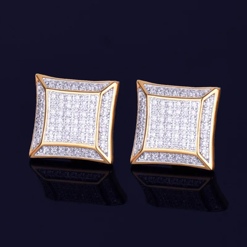 15MM Big Square Men Stud Earring Gold Color Full Cubic Zircon Screw Back Earrings Hip Hop Jewelry for Women