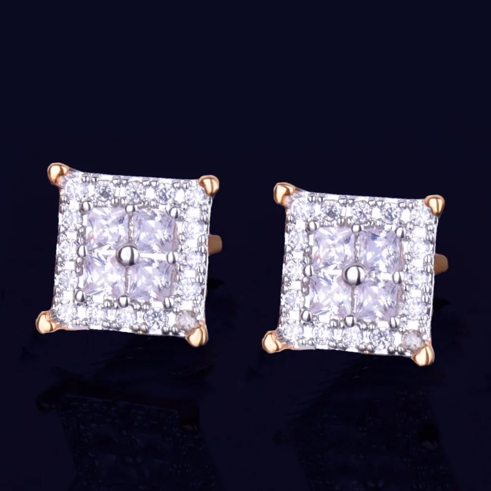 12MM Square Baguette Zircon Stud Earring Silver Color Charm Screw Back Women Men's Earrings Fashion Hip Hop Jewelry