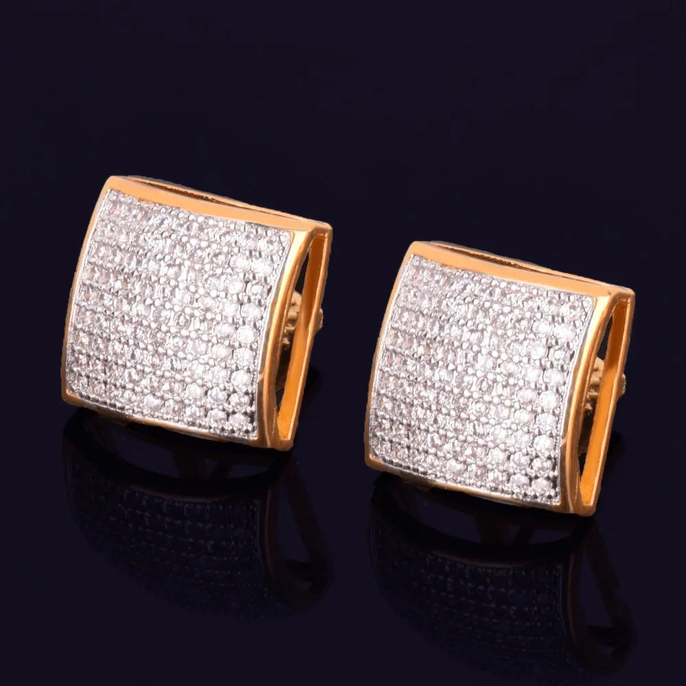 12MM Square Men Women Stud Earring Gold Color Iced Cubic Zircon Screw Back Earrings Hip Hop Jewelry