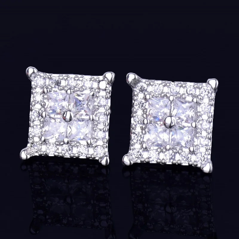 12MM Square Baguette Zircon Stud Earring Silver Color Charm Screw Back Women Men's Earrings Fashion Hip Hop Jewelry