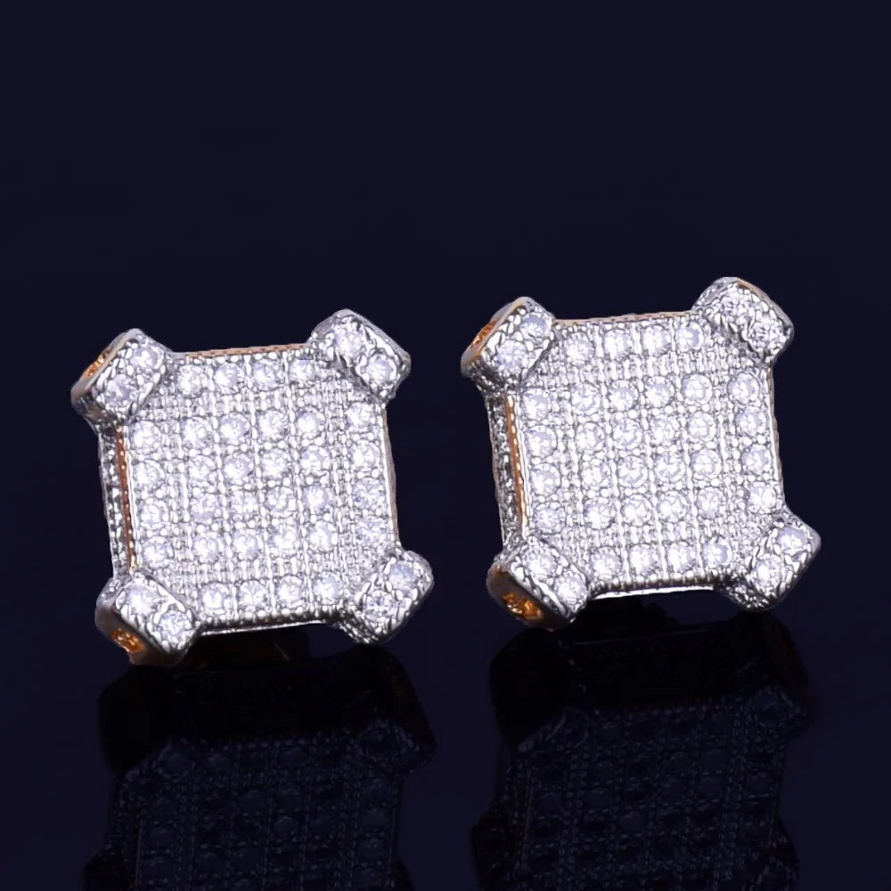 10MM Square Stud Earring Gold Color Charm Screw Back Full AAAA Zircon Women Men's Fashion Earrings Hip Hop Jewelry