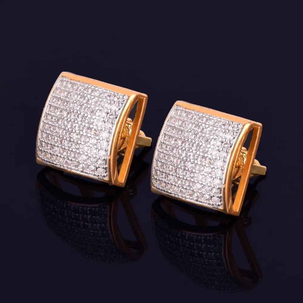 12MM Square Men Women Stud Earring Gold Color Iced Cubic Zircon Screw Back Earrings Hip Hop Jewelry